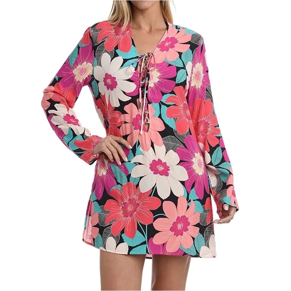 La Blanca Pink Floral Lace-Up Tunic Swim‎ Cover-Up M Barbiecore Coastal Retro